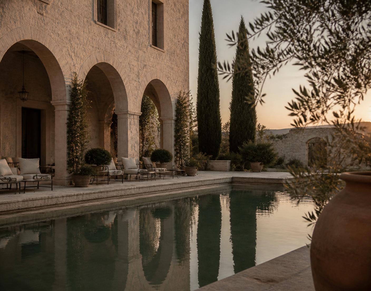 Quiet hotel courtyard with stone arches and a still reflecting pool at dusk — editorial photography
