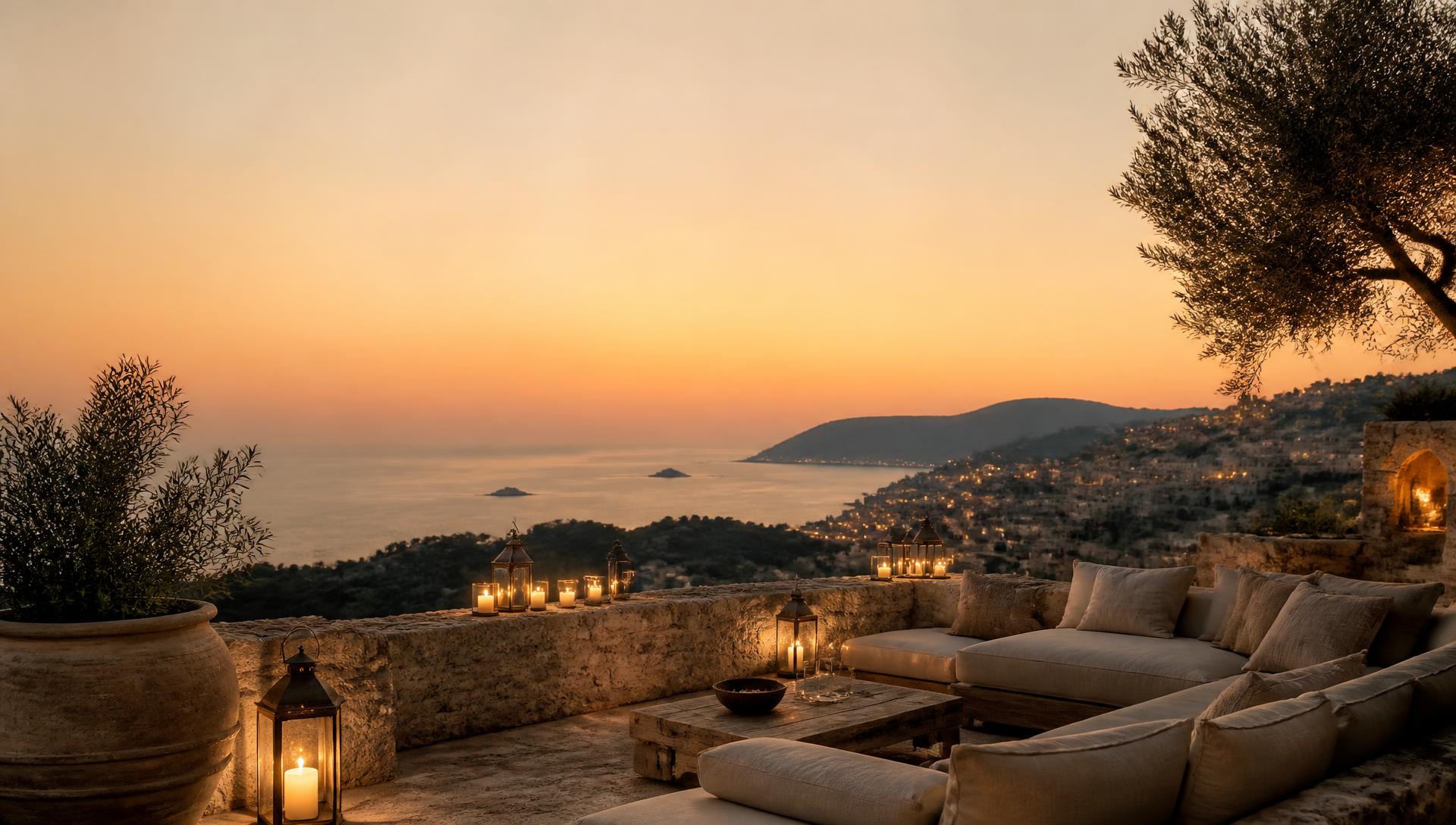 Candlelit stone terrace overlooking a coastal town at sunset — placeholder destination photography