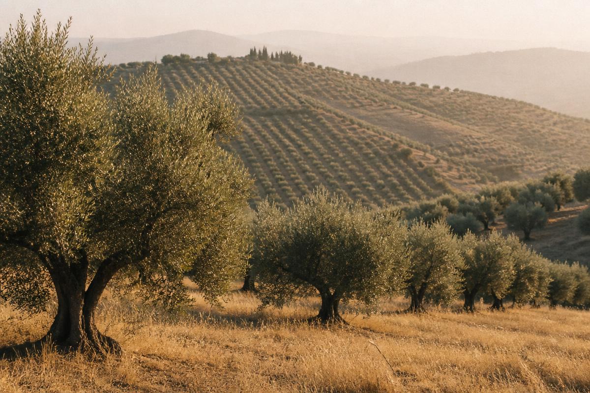 Olive grove on a hillside in hazy warm light — editorial photography