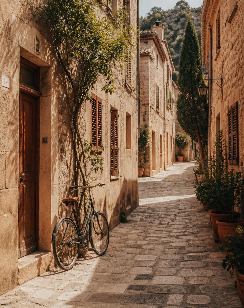 Narrow sunlit stone village street with a bicycle — placeholder destination photography