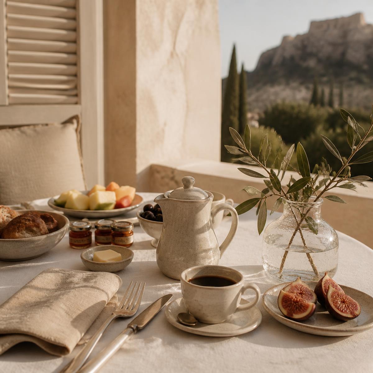 Breakfast set on a sunlit hotel terrace with linen, ceramics, and an olive sprig — editorial photography